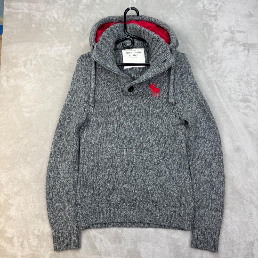 Vtg Abercrombie & Fitch Wool Chunky Knit Shawl Hoodie Sweater Medium Y2K Preppy